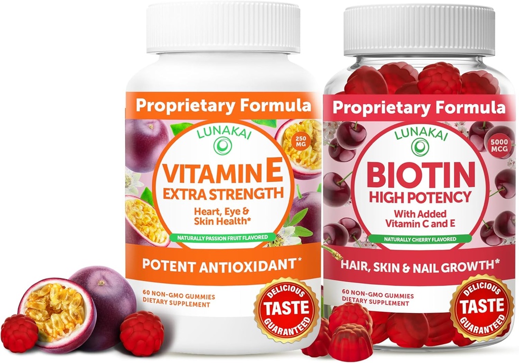 Lunakai Vitamin E och Biotin Gummies Bundle - 3000 mcg Gummies för vuxna energistöd och benhälsa - Vitaminer för hår, hud och ungdomlig utseende