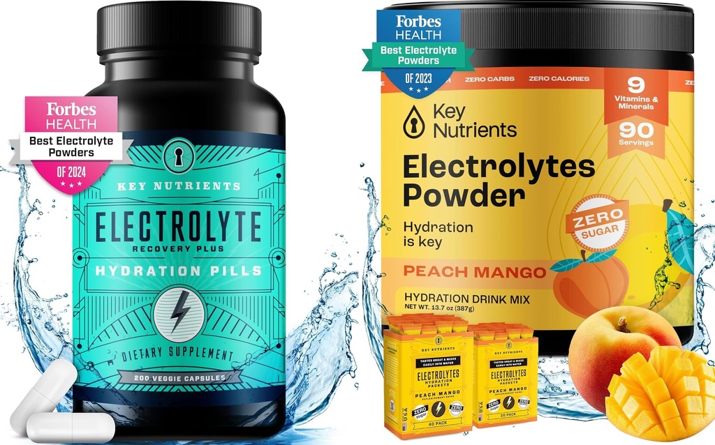 KESKEISET NUTRIENTIT Nesteytys ja energia Elektrolyytti Bundle . Elektrolyyttitabletit & Trooppinen Peach Mango Multivitamiinijauhe, sokeriton