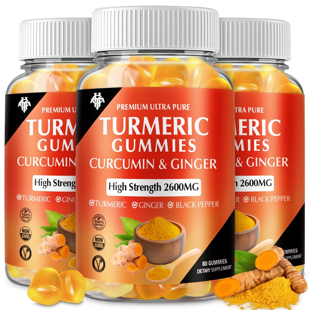 Turmeric Curcumin Gummies (3 pakkaus) - Turmeeric Curcumin täydentää inkivääri & Black Pepper Gummies immuuni lihasten tukea Terve iho - Vegaani, Gluteeniton, Matala sokeri - aikuisille