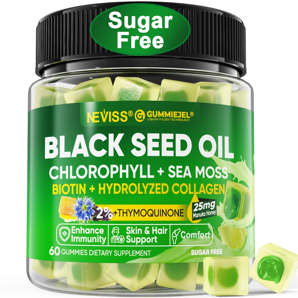 Black Seed Oil Gummies, Chlorophyll & Sea Moss Supplement 500mg, Biotin 500mcg med Hydrolyzed Collagen för hud, hår & naglar, Vit E, C, Zink för övergripande hälsa, Organic Cold Pressed, Hög Absorption