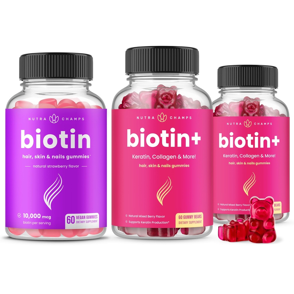 NutraChamps slutför Biotin Bundle för hår, hud och naglar. Biotin & Biotin+