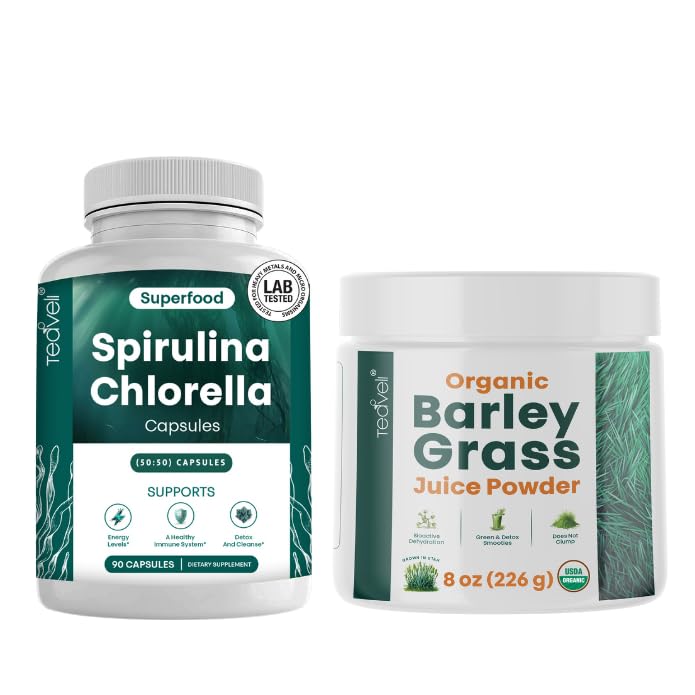 Teaveli Spirulina och Chlorella Capsules och Orgaic Barley Grass Juice Powder Bundle