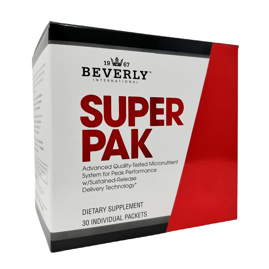Beverly International Super Pak. 30 Packs. Multivitamin, dagligt paket för energi, prestanda, immunsystemhälsa. Anpassad för idrottare, aktiva män och kvinnor sedan 1970.