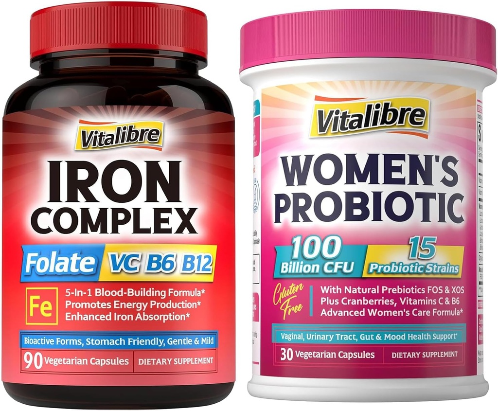 Järntillskott för kvinnor och män 90Caps & Vitalibre Probiotics för kvinnor 100 miljarder CFU 15 stammar