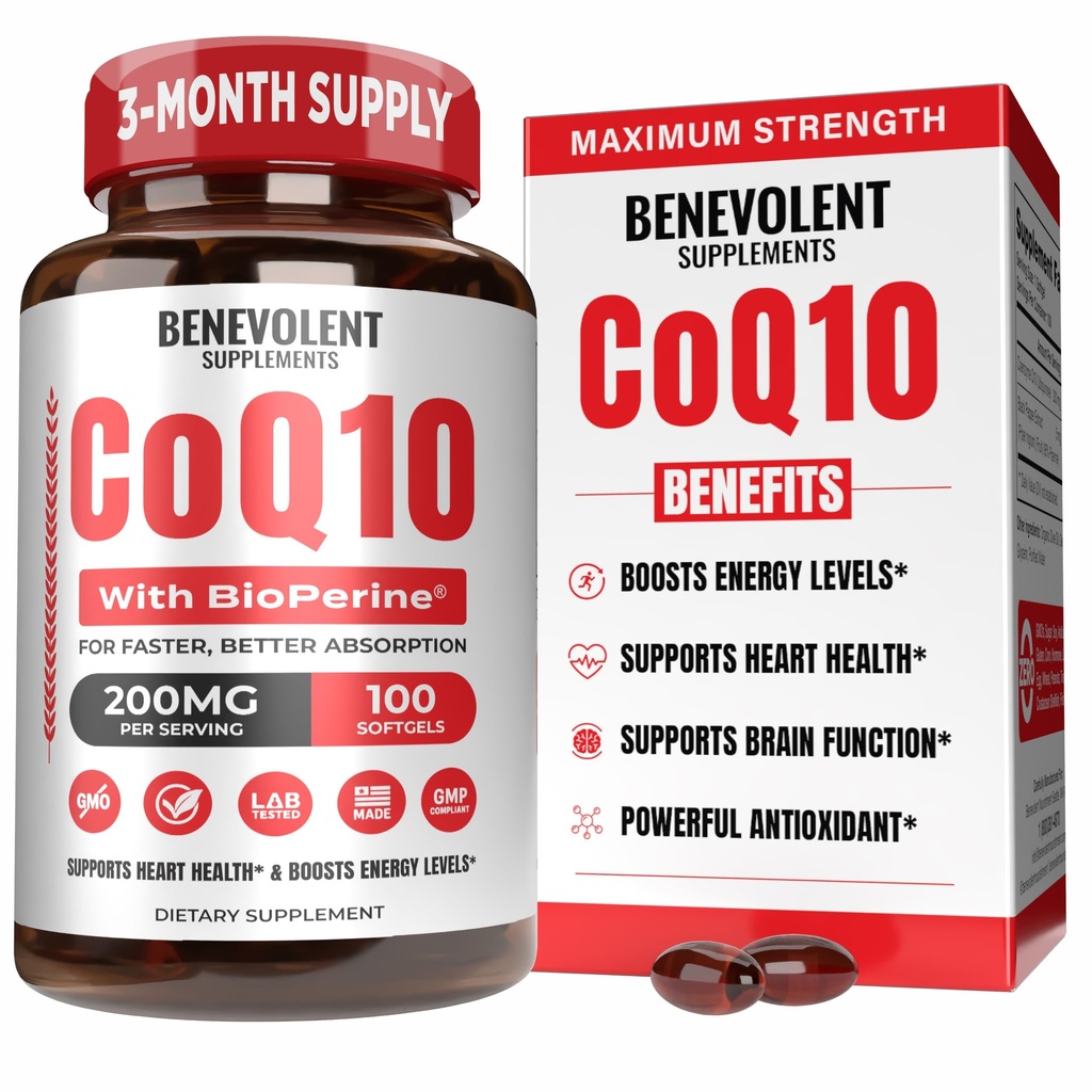 Benevolent Pure CoQ10 200 mg Softgels with BioPerine® for Max Imeytyminen, Ubikinoni Coenzyme Q10 Supplement for Heart Health, Energy Production, Terve ikääntyminen ja antioksidantti tuki, 100 Softgels