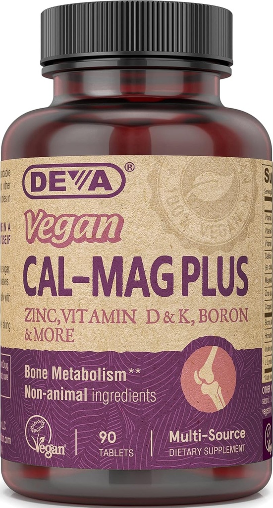 DEVA Vegan Cal MAG Plus Plus täydennysosa, jossa on kalsiumia, magnesiumia, sinkkiä, Boronia, C-vitamiinia, D & K: ta, 90 tablettia, 12- pakkaus