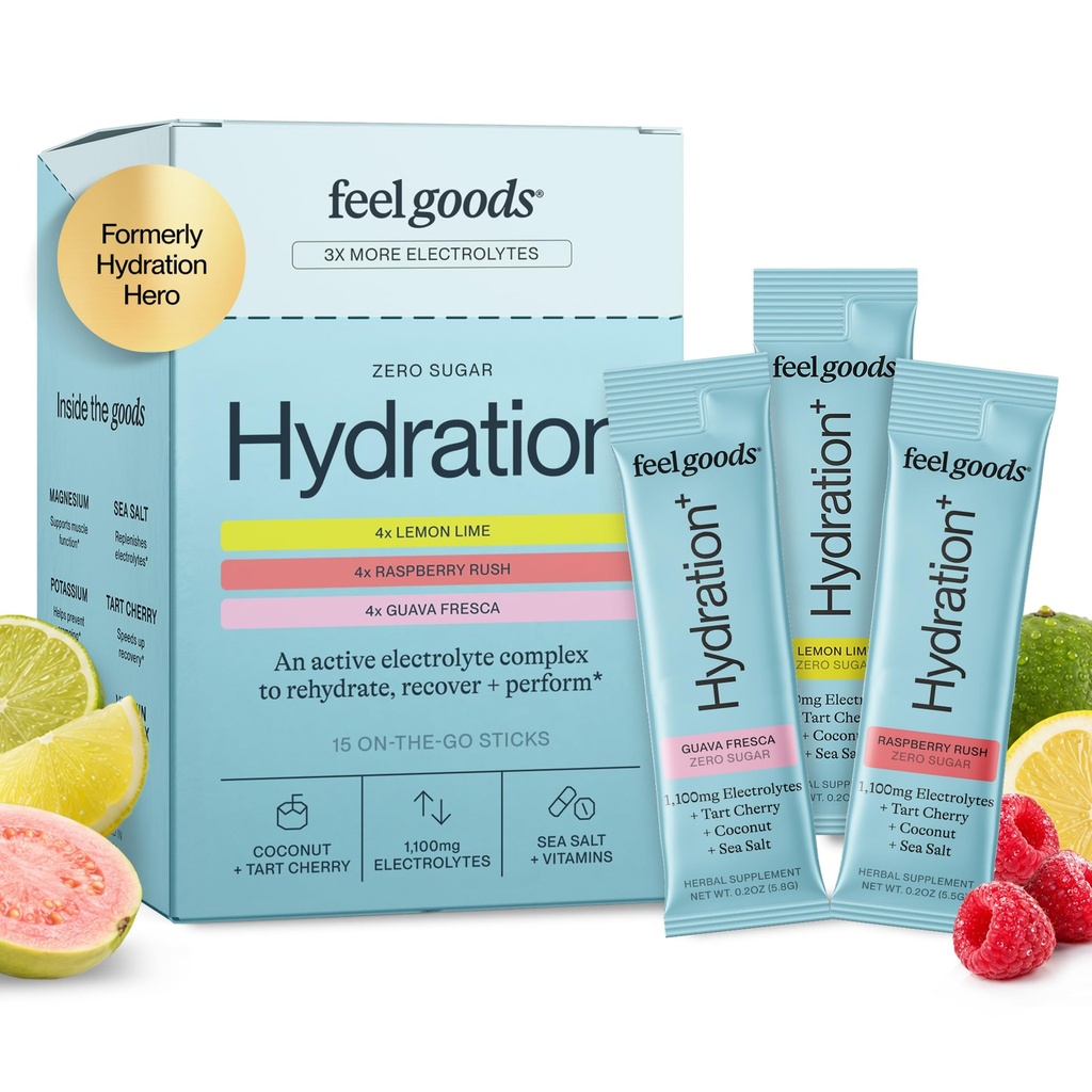 Feel Goods Hydration Hero, Variety Pack, 1000 mg Electrolytes Powder, Sugar Free, Magnesium, Organic Aloe Vera, L Theanine, C-vitamiini, Vegan, Non GMO, On The Go Electrolyte Packets, 12 Count