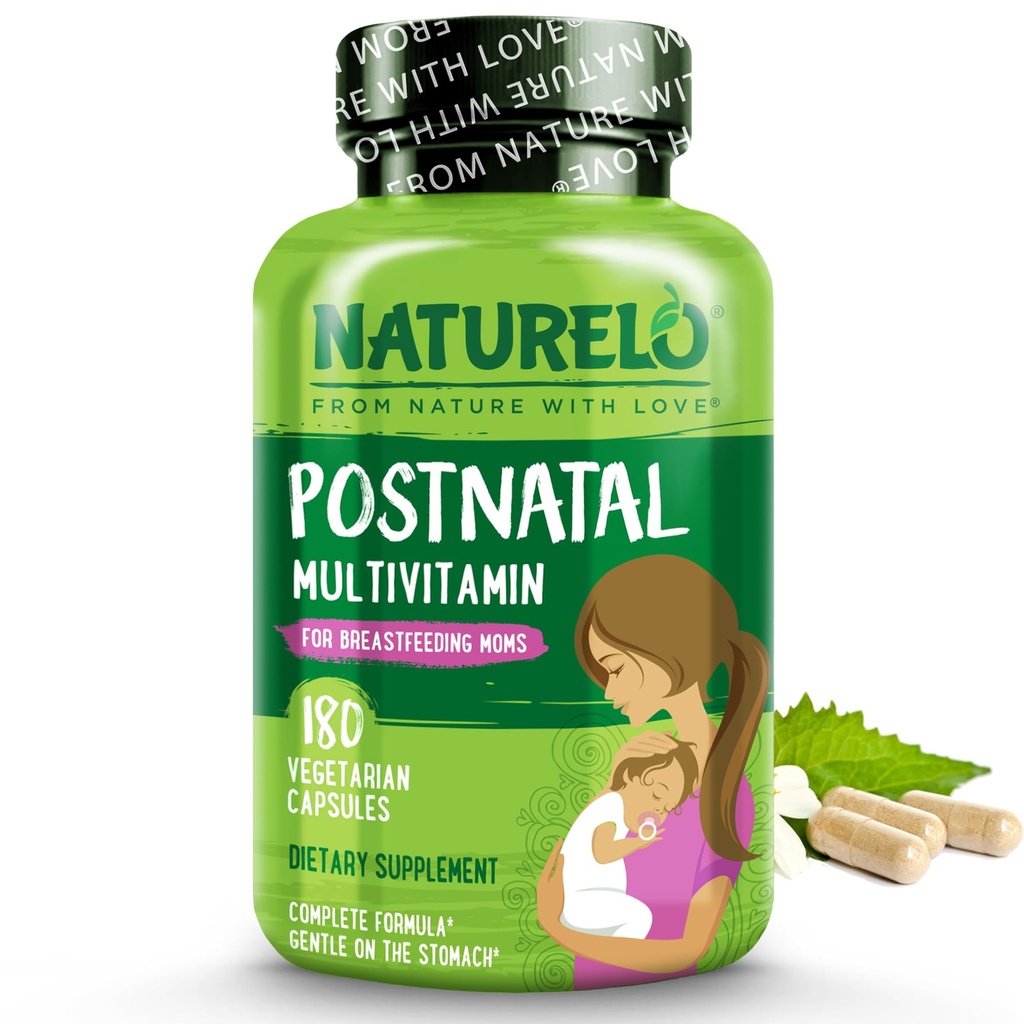 NATURELO Postnatal Multivitamin - Tillägg för amning kvinnor - Växtbaserade vitamin D, folat, järn - för omvårdnadsmoder, baby - Post Natal Lactation Support 180 kapslar