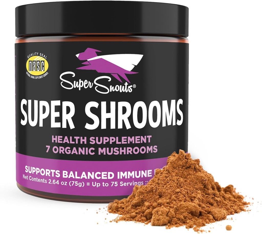 Super Snouts Super Shrooms Sieni Immuuni tuki täydentää koirille ja kissat, 2.64 oz - Made in USA Organic non-GMO, Immuno Health for Strong Immunomy Immunity, 7 Sienten Blend Powder