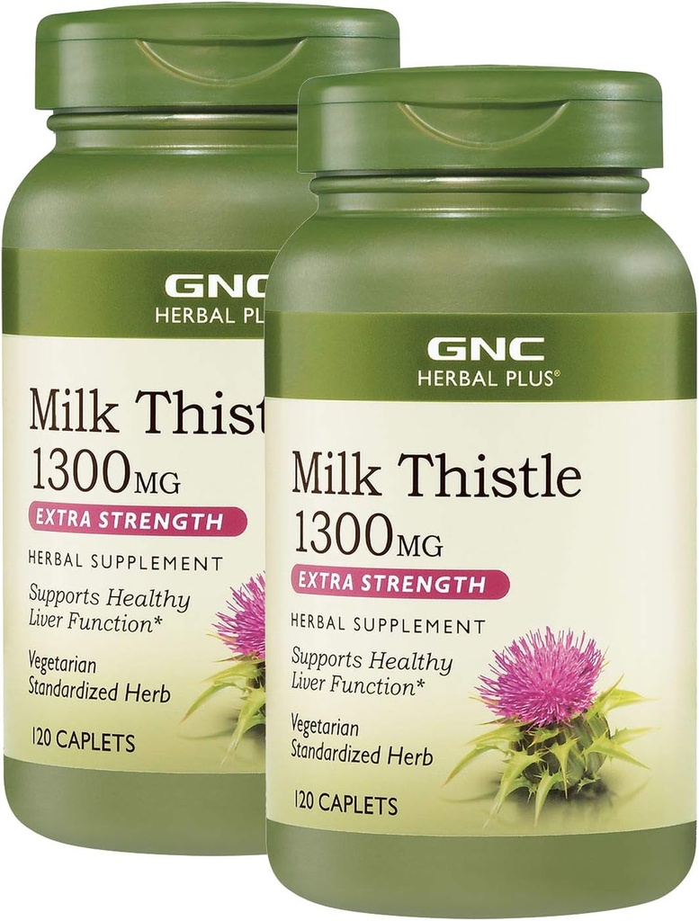 GNC Herbal Plus Milk Thistle 1300mg, Twin Pack, 120 Caplets per pullo, tukee terve maksan toiminta