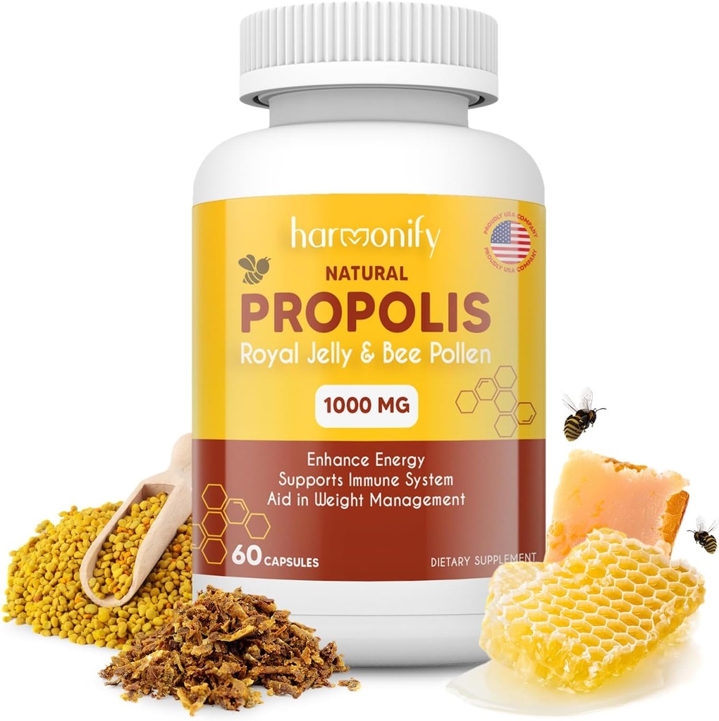 Bee Pollen Propolis Royal Jelly Extract Carob, Pure Immuuni Support, Gluteeniton, kasvissyöjä kapselit, 1000 mg