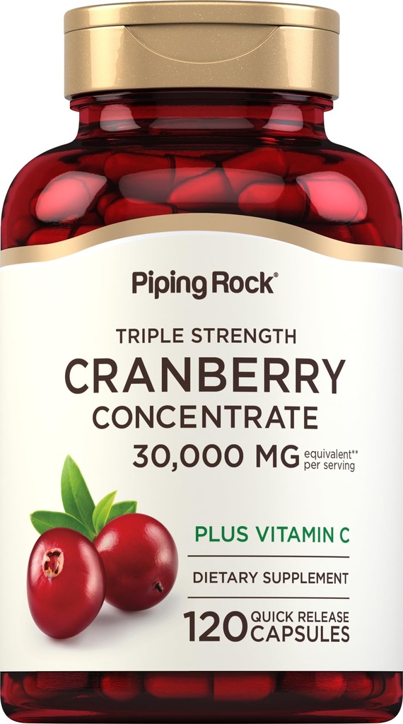 Piping Rock Cranberry Pills | 120 kapslar | Tillskott för kvinnor och män | Triple Strength Concentrate Extract Plus Vitamin C | Non-GMO, Gluten Free