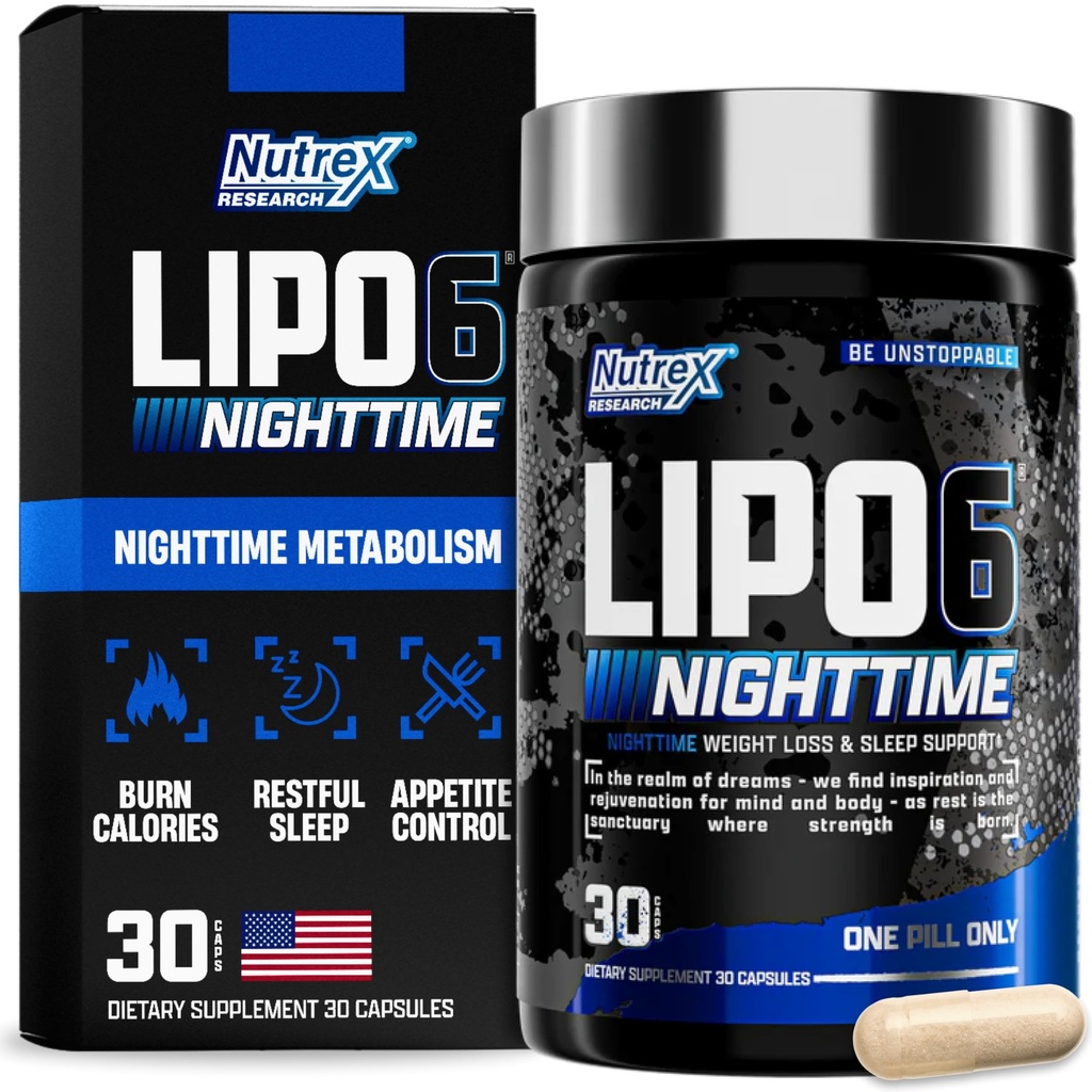 Nutrex Lipo 6 Nighttime Fat Burner | Melatonin Sleep Aid & Weight Loss Diet Pills för män och kvinnor | Night Time Metabolism Booster Appetite Suppressant | 30 portioner (1)