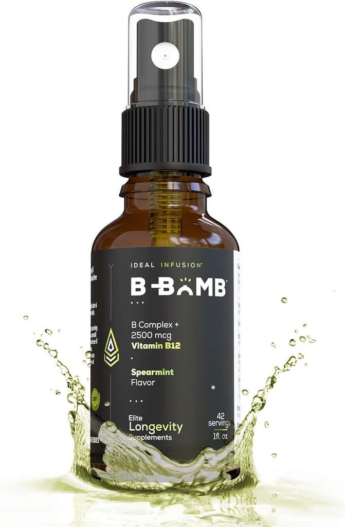 B-Bomb Vitamin B12 + B Complex Liquid Spray: Methylcobalamin med Adenosylcobalamin: Energy & Mood Support, Sugar-Free, Vegan, Organic Spearmint Flavor