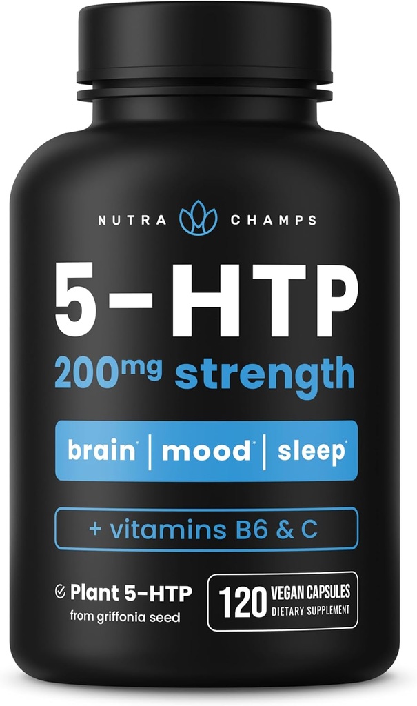 NutraChamps 5-HTP 200mg, 120 Vegan kapslar, Pure 5HTP 100mg Plus Co-Factors Vitamin B6 & Vitamin C