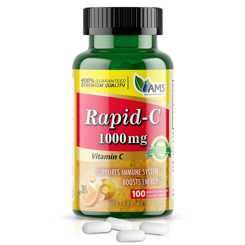 America Medic & Science Rapid-C 1000 mg C-vitamiinin täydennysosa (1 pakkaus 100 tablettia) Energy Booster, Päivittäinen immuunijärjestelmän tuki, antioksidantti Vegaani, ei-GMO päällystetty askorbiinihappo aikuisille ja naisille