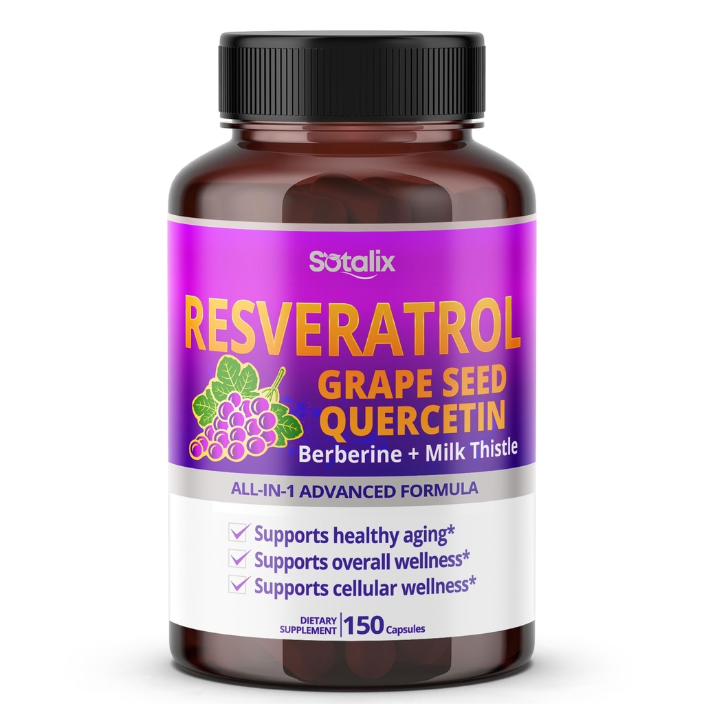 Resveratrol med Grape Seed + Quercetin Berberine + Milk Thistle Powerful Anti-Aging - USA Made & Tested (150-dagars Supply (Pack of 1))