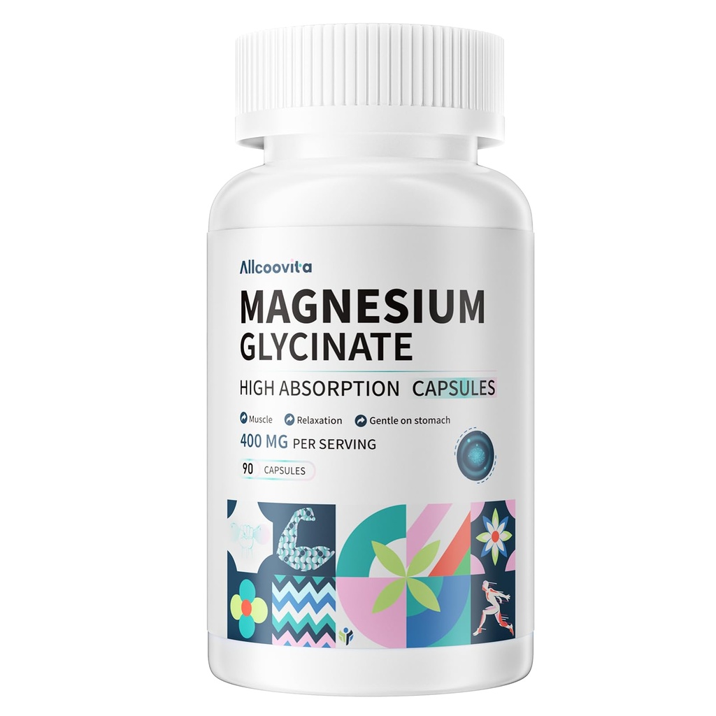 Magnesium Glycinate 400 MG per servering 100% chelated för hög absorption, Gentle On Stomach, Non-GMO, 90 vegetariska kapslar