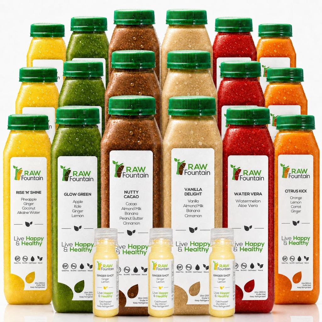 3 Day Protein Juice Cleanse by Raw Fountain, Kaikki Natural Raw Detox Cleanse, Cold Pressed Fruits, Vihannekset, Vanilja ja suklaa Maukasta ja energiaa, 18 pullot 12oz, 3 inkivääri shotit