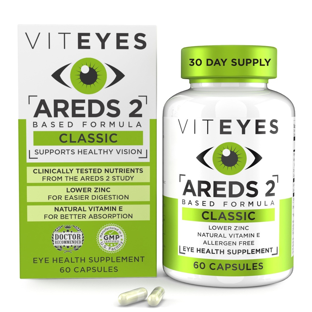 Viteyes AREDS 2 Eye Vitamiinit, Classic Macular Support, Allergen vapaa kapselit, luonnon E-vitamiini, C-vitamiini, Sinkki, Kupari, Lutein & Zeaksantiini, Eye Doctor Luotettu, valmistettu Yhdysvalloissa, 60 Ct