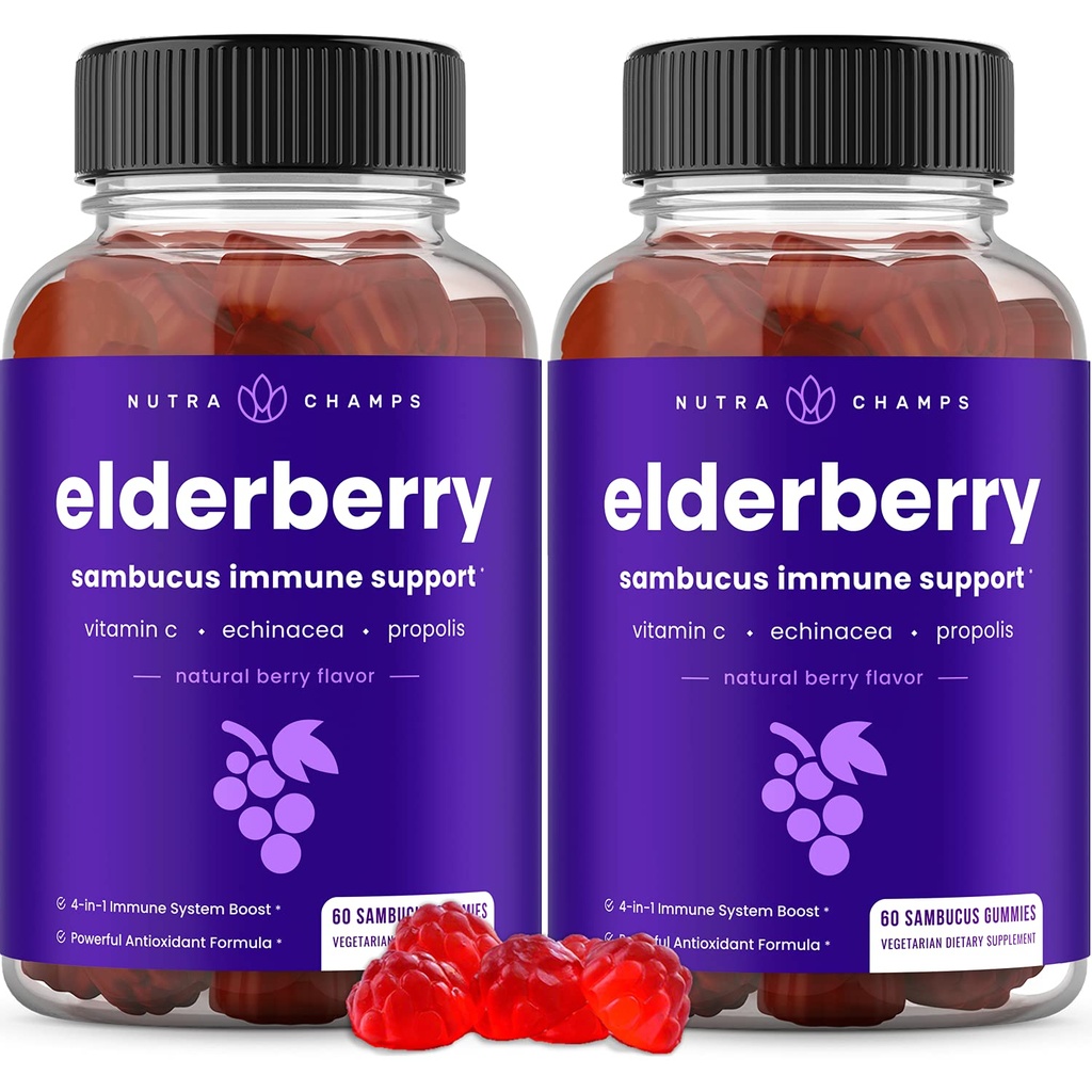 NutraChamps Elderberry Gummies, Sambucus Elderberry Gummies aikuisille ja lapsille, C-vitamiini, Propolis & Echinacea, Max Strength Immunosupport Gummies, Natural Berry Flavor, 120 Gummies (paketti 2)