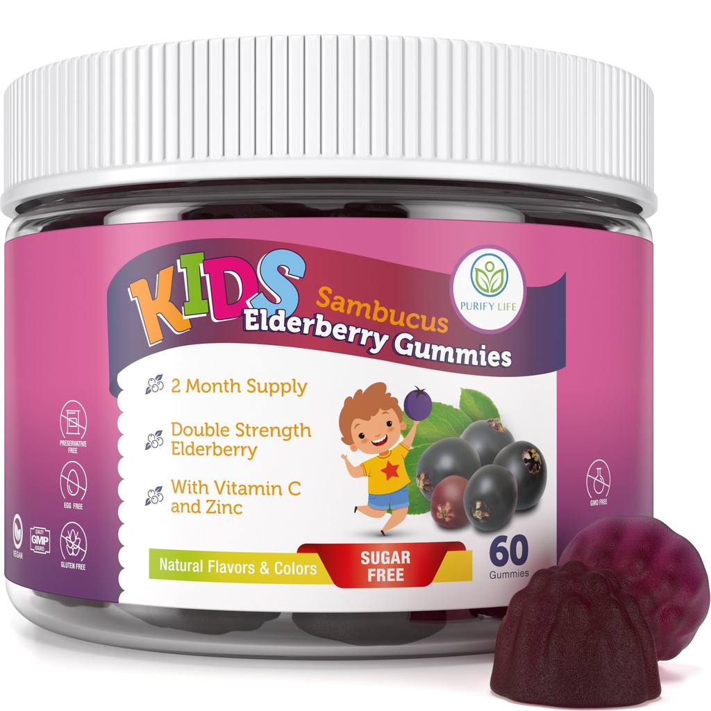 Puhdista Life Sokerittomia Lasten Elderberry Gummies C-vitamiinia ja sinkkiä Päivittäinen immuuni tuki täydentää lapsille, Sambucus antioksidantti, Vegan, 60 Ct