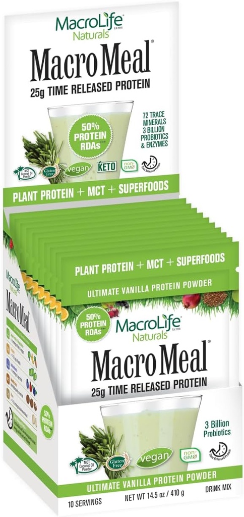 MacroLife Naturals MacroMeal Vanilla Superfood Superfood Superfood Supplement Powder Protein + Greens, Probiootit, Ruoansulatuskanavan entsyymit, kuitu - Energia, Detox, Immuuni - ei-GMO, Gluteenittomat- 10 Packet Tarjoukset