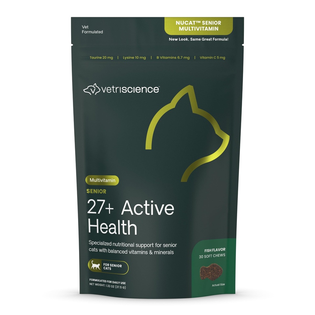 VetriScience Senior 27+ Active Health Chews, Nu Cat Daily Multivitamiini Senior Kissat, Balanced Vitamiinit, Minerals ja antioksidantit, Terve ikääntyminen ja hyvinvointi tuki, kala, 30 kreivi
