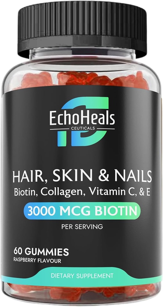 Hiukset, iho ja kynsi Gummies ... Biotiini Kollageeni C & E täydennysosa ... 3000 mcg Biotiini... Vadelmamamakuinen...60 Gammat