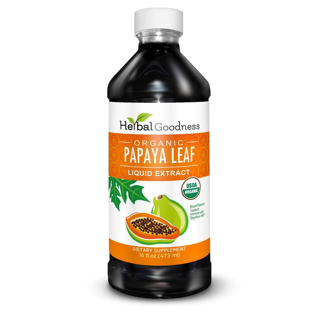 Herbal Goodness Papaya Leaf Extract Platset Support - 15X Verihiutale Boost, Bone Marrow & Support, Immuuni & Gut Health, Dgestive Enzyme - Organic Kosher 16 oz Liquid Extract