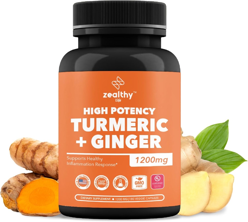 Gurkmeja + Ginger Capsules 1200mg | Gemensamt komfort, Inflammation Support & Digestive Health * | 180 greve | Zealthy Life High Potency Turmeric Ginger Supplement | 1200mg