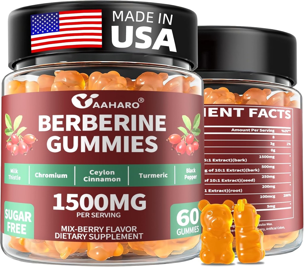 Berberiini Ceylon kaneli Gummies - 1500 mg berberiini HCI täydentää kromi, turmeerinen ja maito Thistle - immuuni tuki - naisten ja miesten - 60 sokerittomia Gummies
