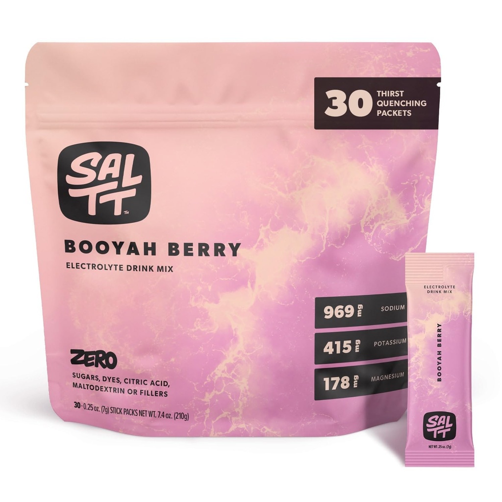 SALTT Elektrolyytit Powder Makujuoma Mix - Booyah Berry - 30 Hydraation Packets - Magnesium, Kalium, Natrium, Trace Minerals - Zero Sugar & Gluteeniton - Matkustaa Essentials
