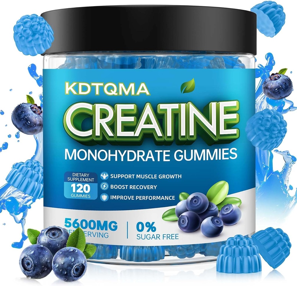 Creatiini Monohydraatti Gummies for Men & Women 120 CT - 5600 mg Creatiini Monohydraatti per tarjoilu, purutabletti Monohydraatti lihasten tuki & energia Boost, sokeriton, vegaaninen (sininen maku)