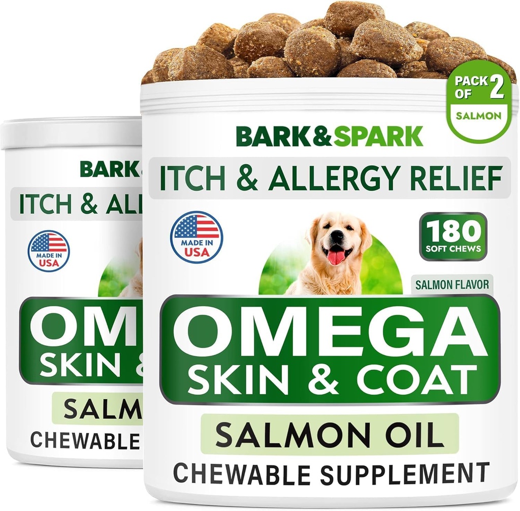 BARK&SPARK Omega 3 koirille - 360 Fish Oil Treats for Dog Sheddding, Skin Allergia, kutina, Hot Spot hoito - Joint Health - ihon ja turkin täydentää - EPA & DHA rasvahapot - Lohiöljy