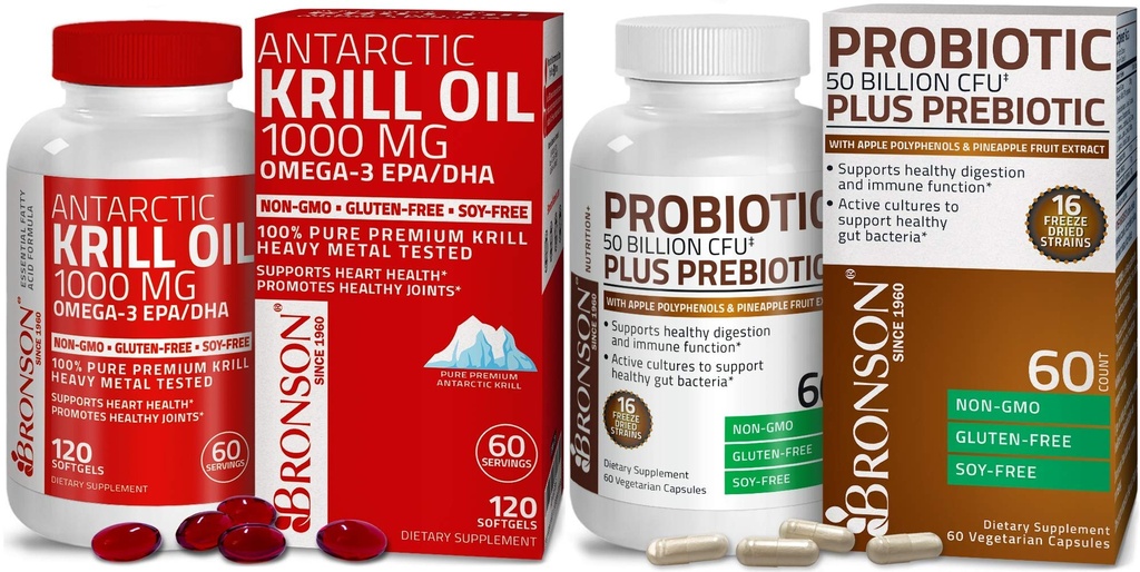 Bronson Probiotic 50 miljarder CFU + Prebiotic med Apple Polyphenols & Pineapple Fruit Extrac Antarctic Krill Oil 1000 mg med Omega-3s EPA DHA