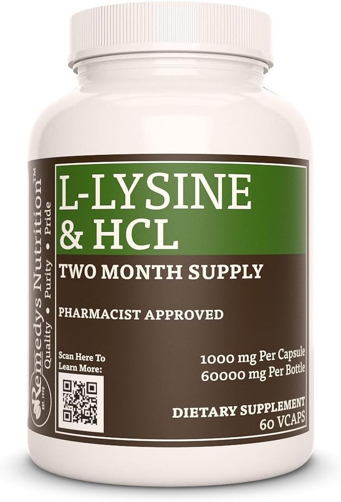 Remedy ravitsemus L-Lysine HCL ... 1000 mg, 60 vegaaninen kapseli Aminohapon ravintolisä ...