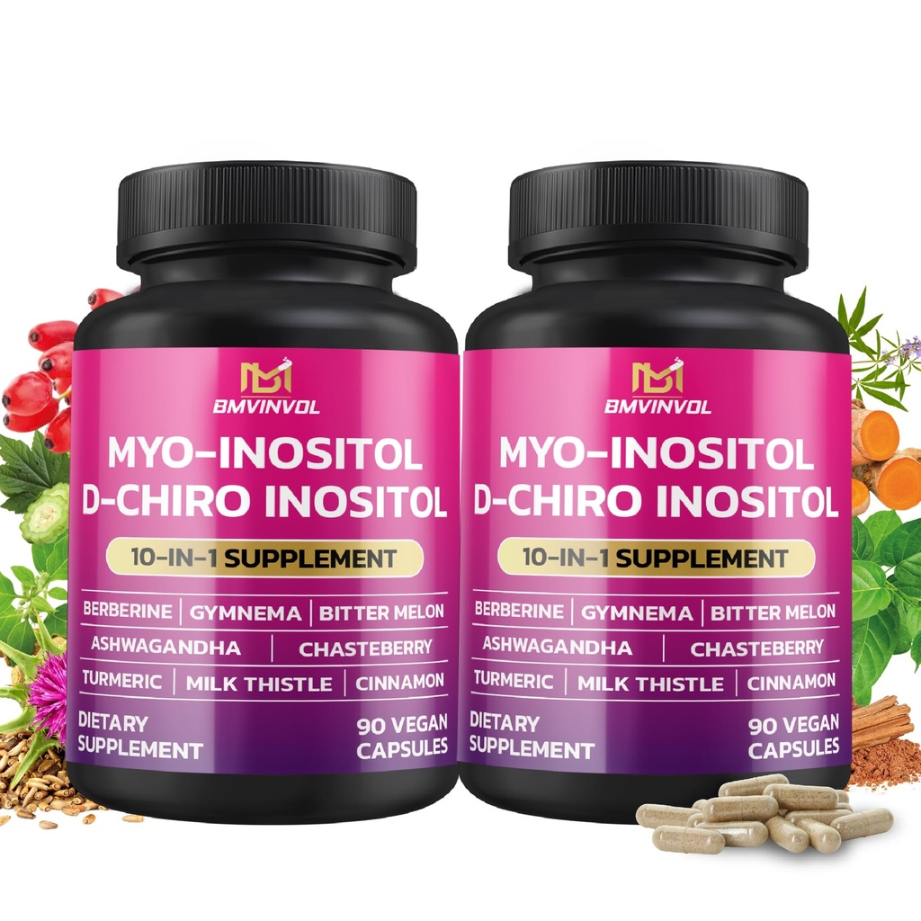 BMVINVOL 2 pakkaus Inositoli täydennysosa-Myo-Inositoli ja D-Chiro Inositoli Ideal 40:1 suhde - Plus berberiini, kaneli, Ashwagandha+5 Lisää 60 päivän tarjonta