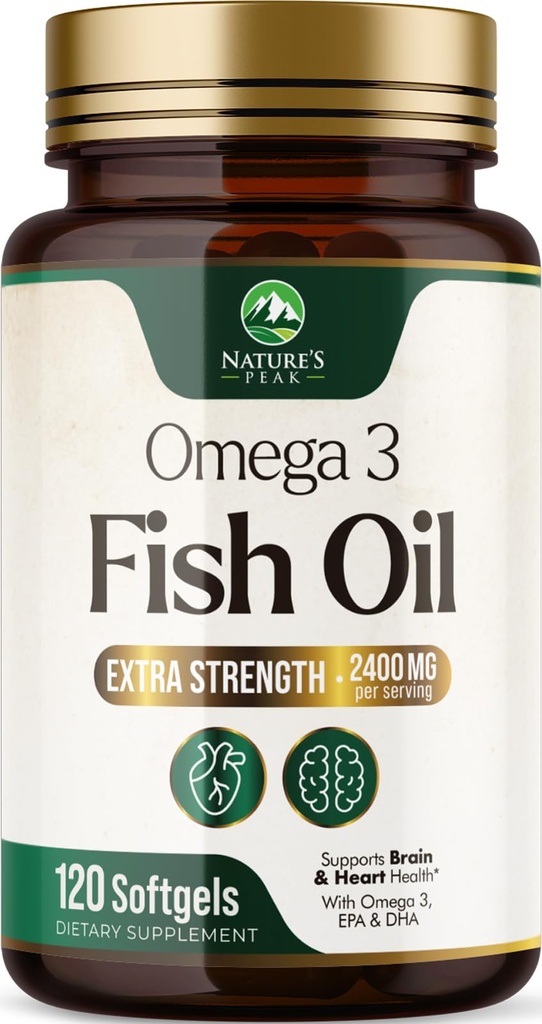Omega 3 Fiskolja 2400 mg Tillägg, hållbart källad, Triple Strength Omega-3 Supplement Softgels, Brain Health Support, EPA & DHA Fish Oil Fatty Acids Supplements, Gluten & GMO Free, 120 Softgels