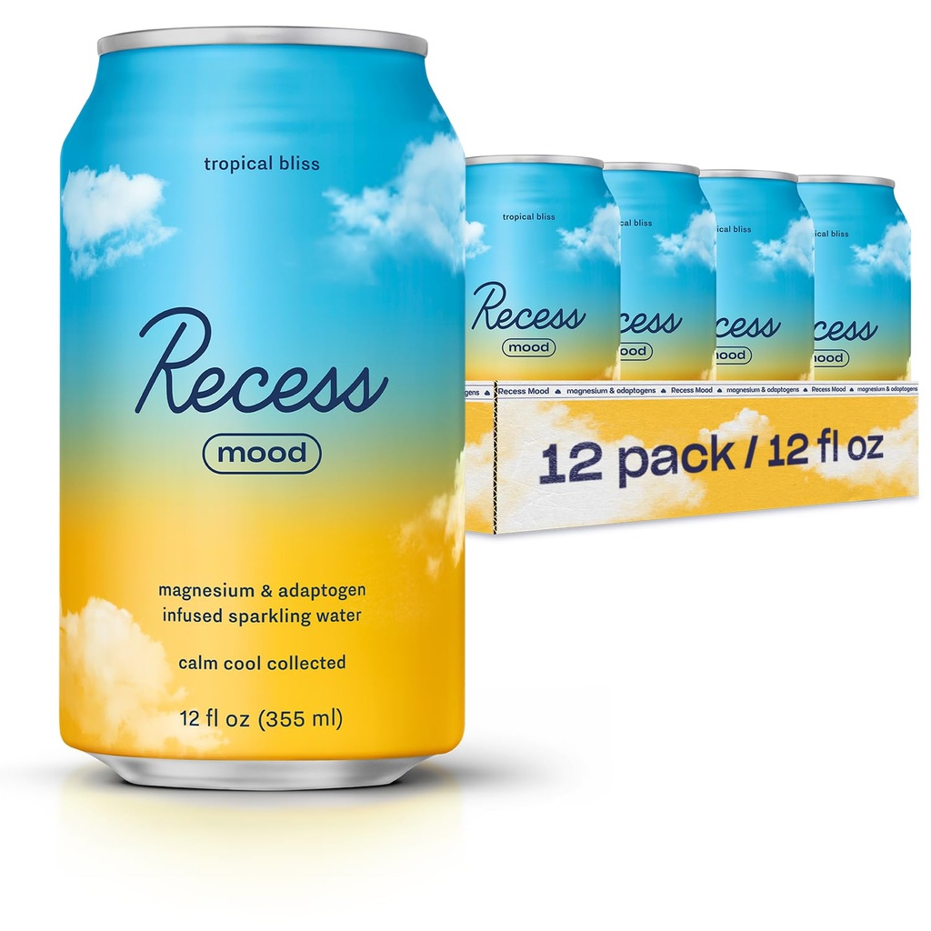 Recess Mood Magnesium & Adaptogen Drink, Relaxation Beverage, 12 Ounce (Tropisk Bliss, 12 Pack)