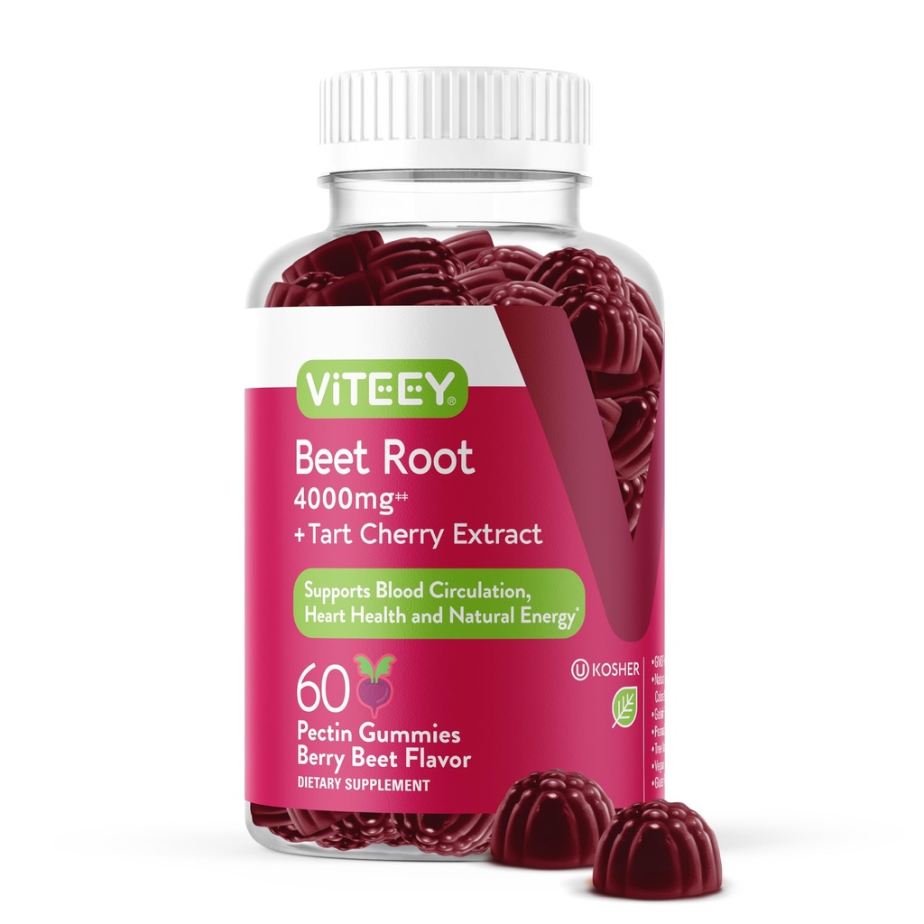 Vitey Beet Root Gummies 4000mg kanssa Tart Cherry - terveelle verenpaine Support - Vegan, Liivate, Gluteeniton - Tasty Pureskeltava Berry Maku