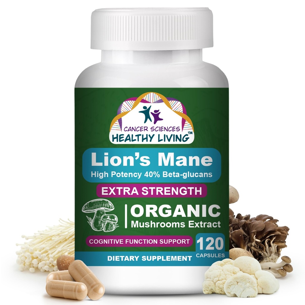 Cancer Sciences Organic Lions Mane Mushroom Supplement Kapselit miehille ja naisille - 1500 mg Brain täydentää muisti & Focus - High Potency 40% Beta-Glucans - Nootropic Mushroom Complex, 120 Count