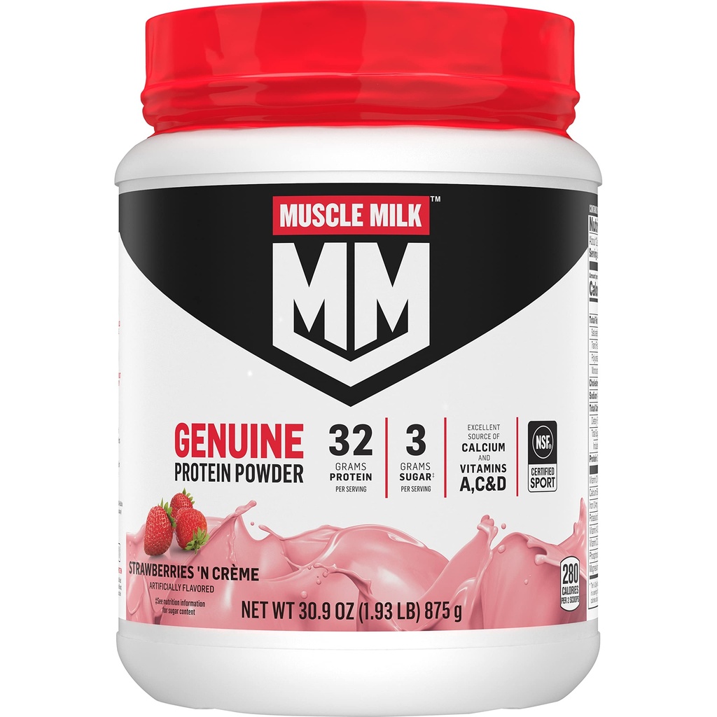 Lihasmaito Aito proteiinijauhe, mansikat N Crème, 1,93 punta, 13 tarjoilua, 32g proteiinia, 3g sokeria, kalsiumia, vitamiinit A, C & D, NSF Certified for Sport, Energizing Välipala, Pakkaus Vary