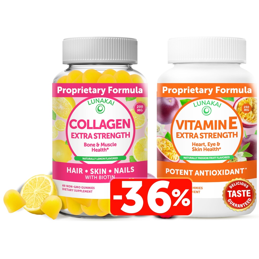 Lunakai Collagen ja E-vitamiinia Gummies Bundle - ei-GMO: n anti ikääntymisen lisäravinteet miehille ja naisille - Natural Gummy kanssa C-vitamiini & 250 mg Natural VIT E