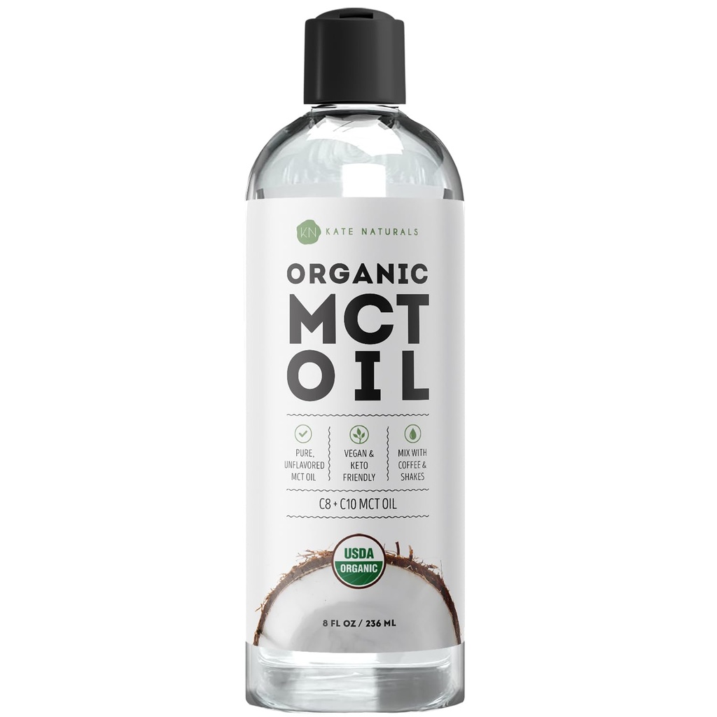 Kate Naturals MCT Oil for Coffee. Puhdasta kookosöljyä C8 ja C10 öljyä (8oz, orgaanista, makuamatonta)