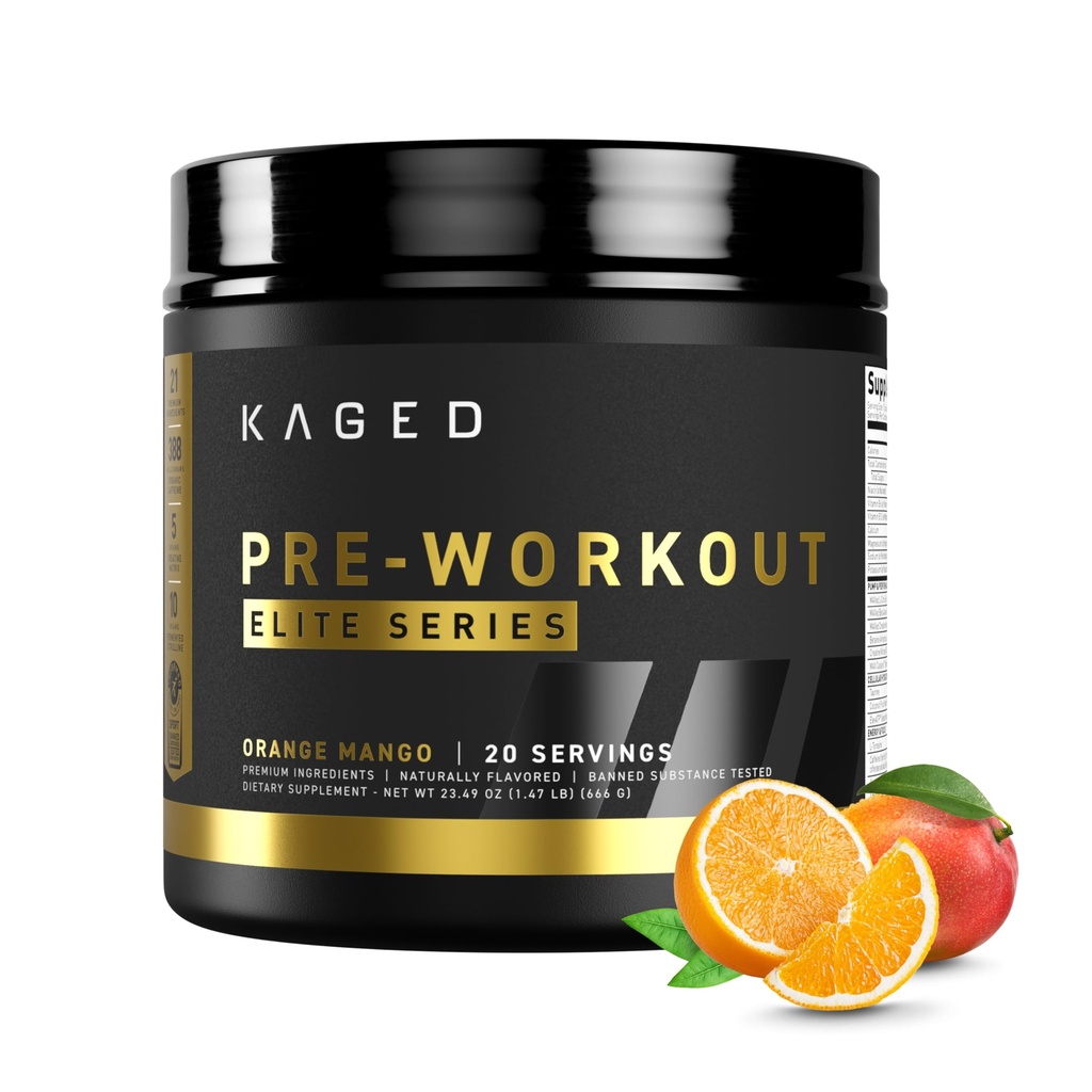 Kaged Pre Treenout Powder Pre-Workout Elite for Men & Women, High Stimulant for Energy, Focus, Pumput, L-Citrulline, Beta Alanine, Creatiini & 388mg of Organic Comfeine, Orange Mango