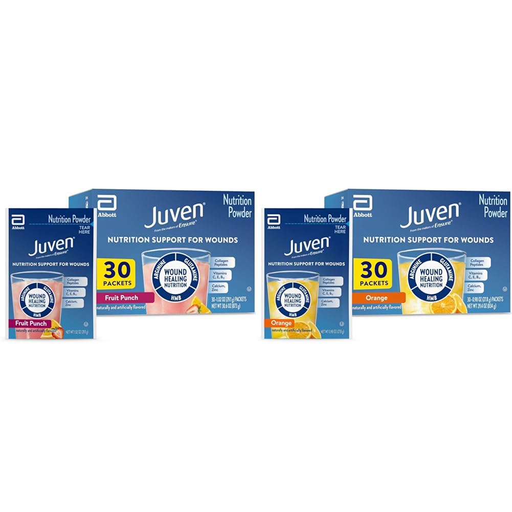 Juven Therapeutic Nutrition Drink Mix Powder for Haavanhoito tuki, sisältää Collagen Protein, Orange 30 Count & Fruit Punch 30 Count, 60 Total Packets