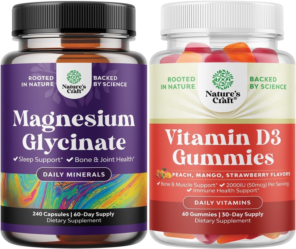 Bundle of Pure Magnesium Glycinate 400mg Per servering för humörsömn och avkoppling 240ct och vitamin D3 Gummies för daglig välbefinnande eller benmuskel & immunstöd
