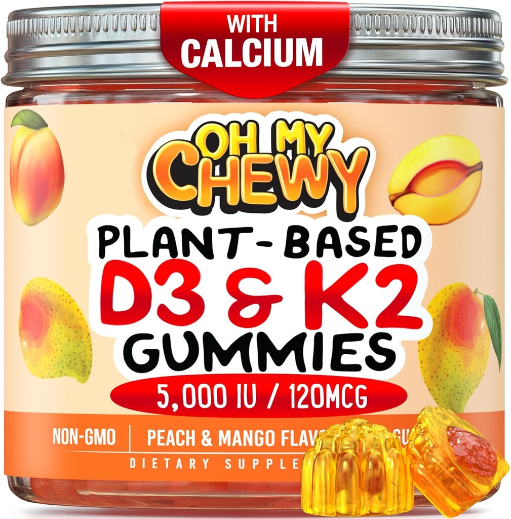 Center-Filled D3-vitamiini K2 Gummies - Lapset, Teini-ikäiset ja aikuiset - Supplement for Healthy hampaiden, luun, energian ja immuniteetin - 5000 IU D3, 120 mikrog K2(MK-7), 120 mg kalsium - Vegan & non-GMO - 60