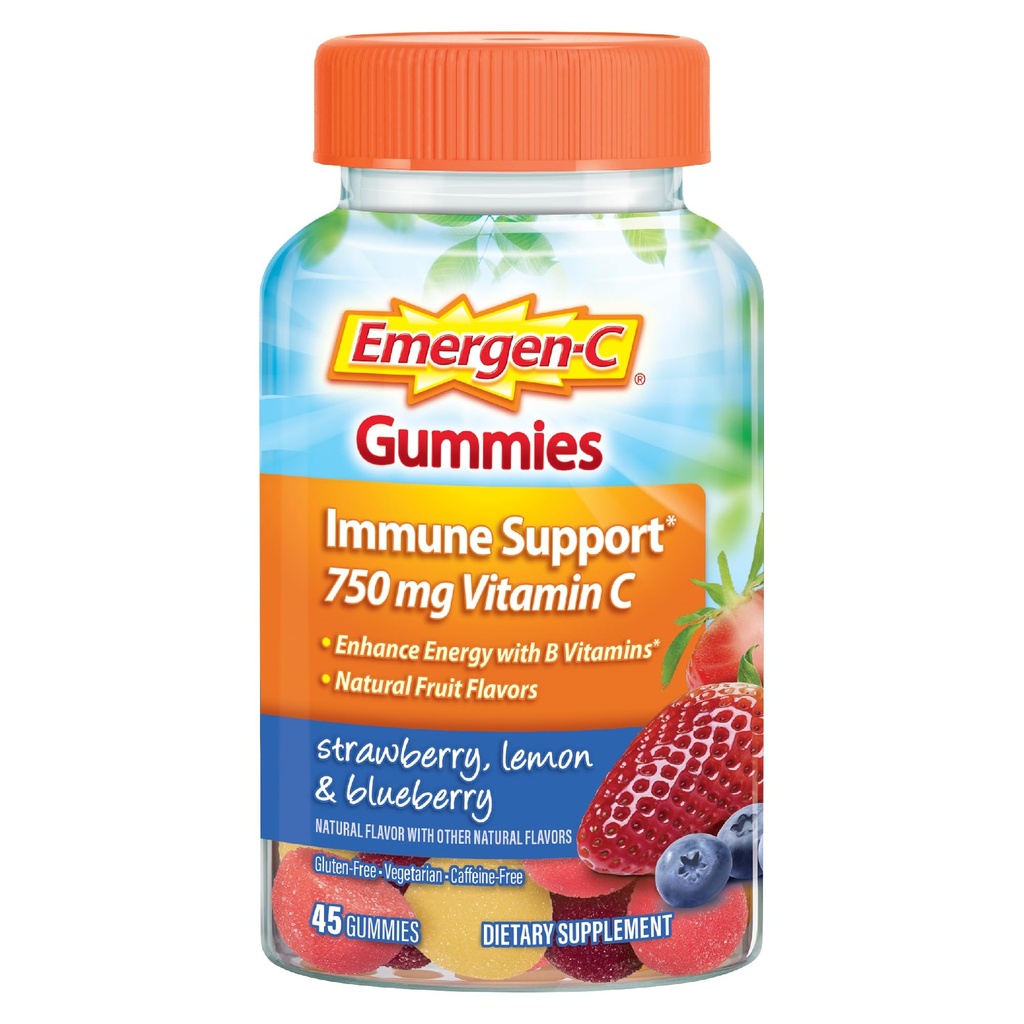 Emergen-C 750 mg C-vitamiini Gummies aikuisille, Immuuni tuki Gumies, Gluteeniton, Mansikka, sitruuna ja mustikka makuja - 45 Count